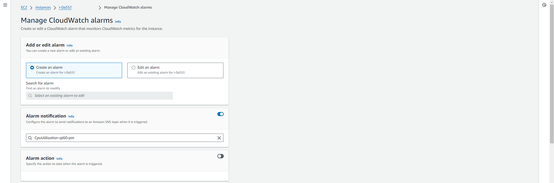 create alarm ec2 modal