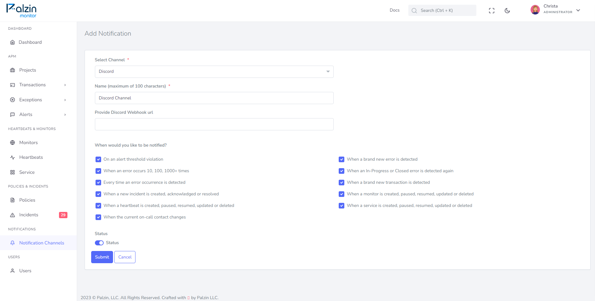 Add Discord Channel In Palzin Monitor